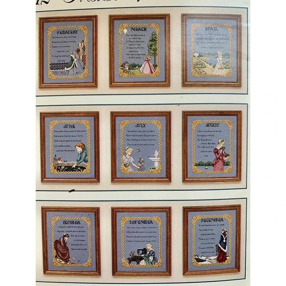 Birth Month counted cross stitch patterns Forget Me Nots 12 Month Verses Angela